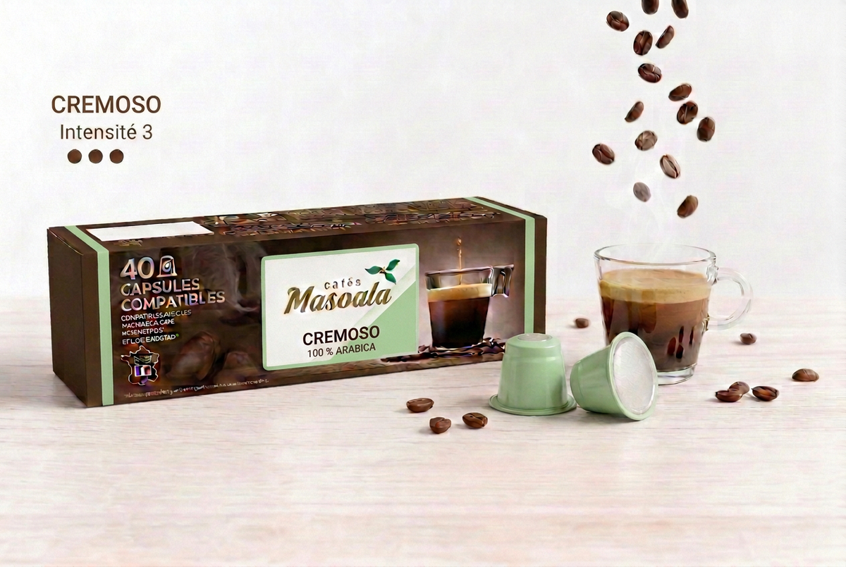 Cremoso Masoala avec barre et traits vert clair assortis aux capsules