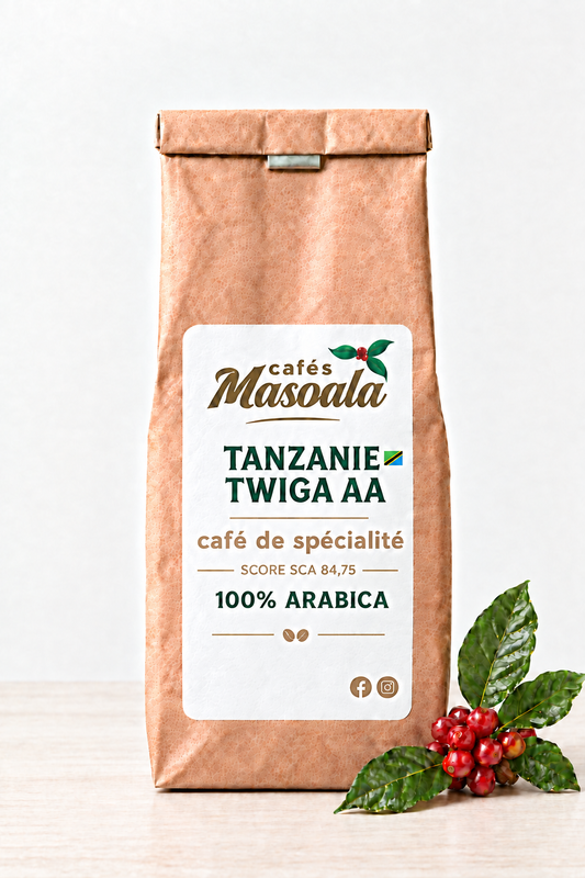 Maquette du sachet Café Masoala Tanzanie Twiga AA, drapeau tanzanien réduit et score SCA 84,75.