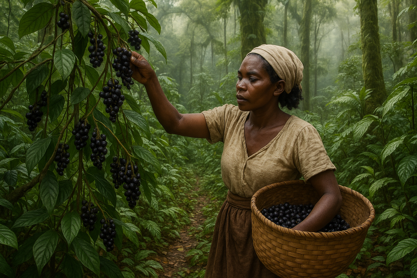 paysane noir qui recolte des baies noire sur les lianes dans la foret de ranomafana madagascar
