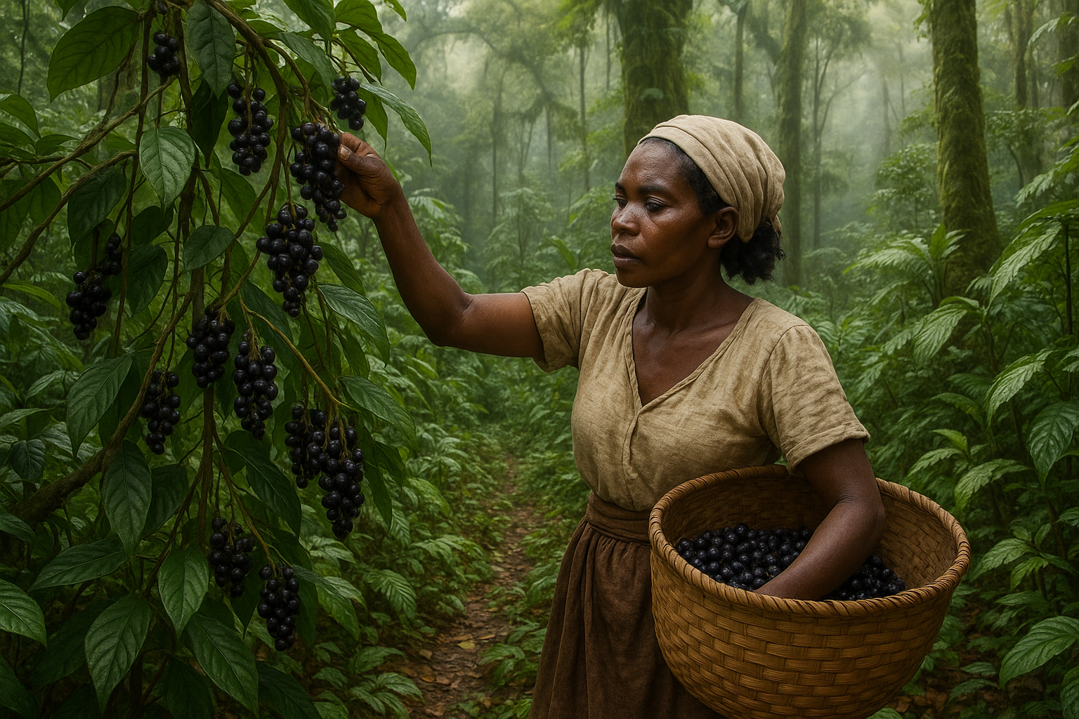 paysane noir qui recolte des baies noire sur les lianes dans la foret de ranomafana madagascar