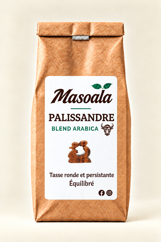 Poche kraft MASOALA Palissandre Blend Arabica avec motif en bois, tasse ronde et persistante, café équilibré